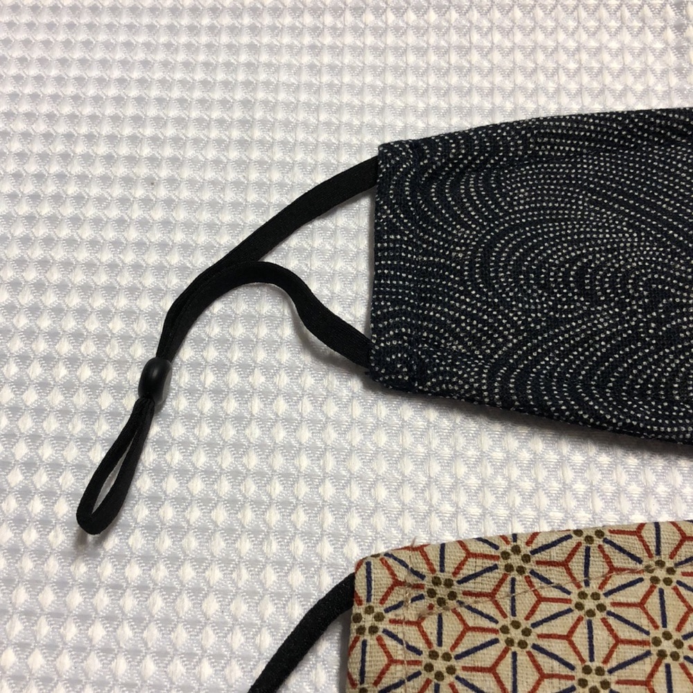 2 Masks: Tan Geometric & Black Micron Dot Elastic Bi-fold & 1 White Clip Holder - Picture 2 of 10